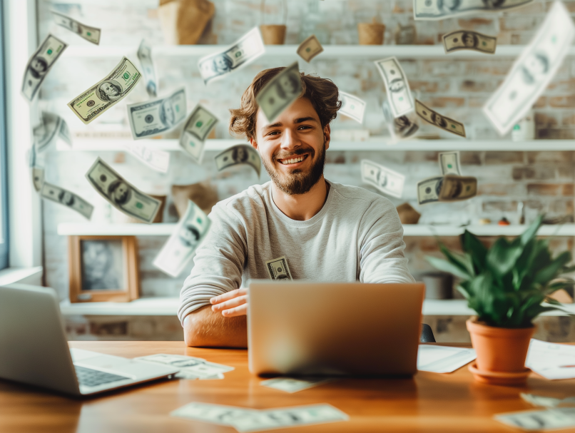 freelancer at desk with money flying all around