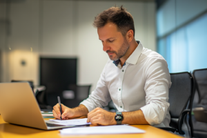 editor working at desk with pen