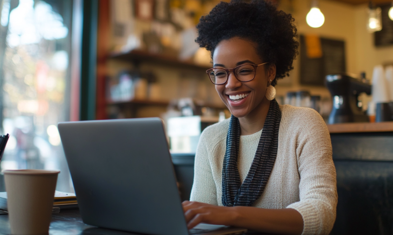 freelance writer working in coffee shop