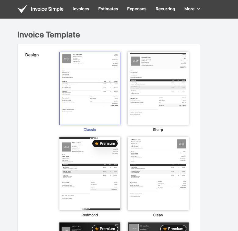 Template selection screen showing the industry-specific categories and a few template thumbnails