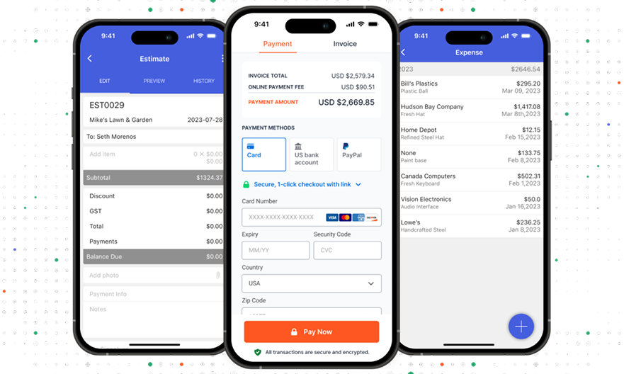 The mobile app home screen and/or an invoice being created on a phone, ideally on location/on-site