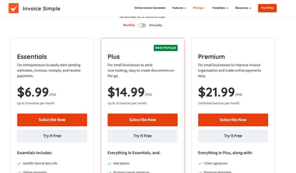The pricing/plans comparison page showing all four tiers side by side