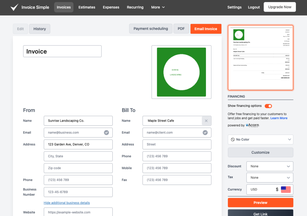 The invoice creation screen with logo, line items, and calculated total filled in