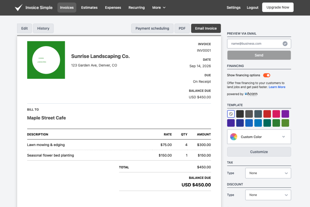 The "send invoice" options screen (email/text/link) and/or the finished client-facing invoice with the Pay Now button