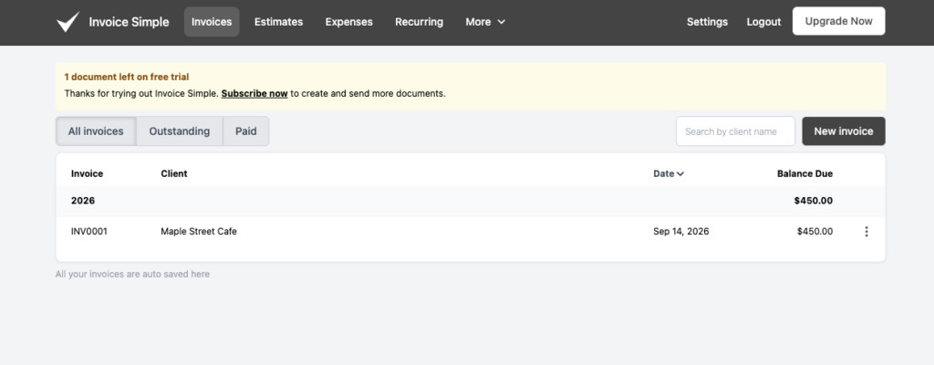 The invoice dashboard showing the status change from "Sent" to "Paid"