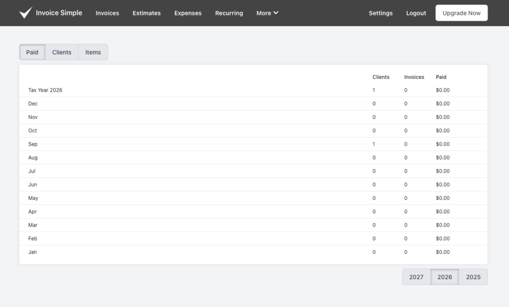The reporting tab showing the income/outstanding invoices summary