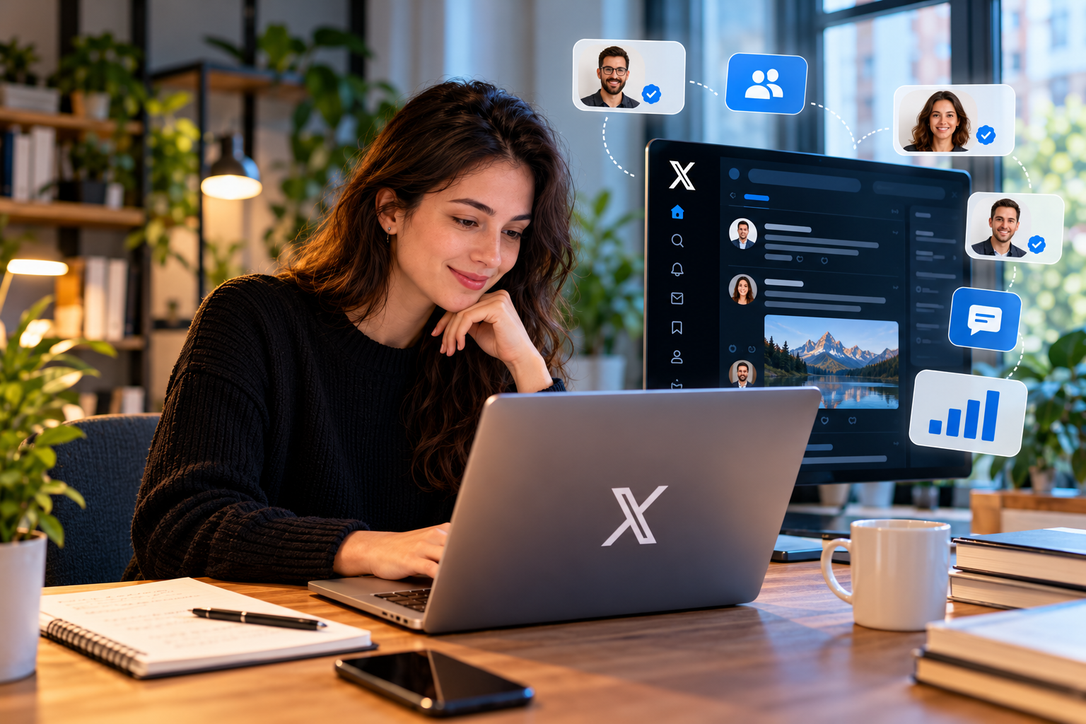 Freelancer using X on a laptop to find clients and grow a following