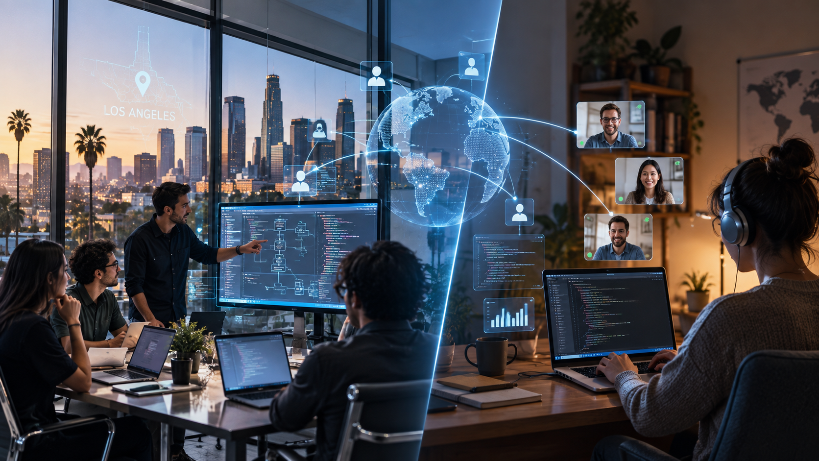 Local Los Angeles software team collaborating alongside remote developers on video calls