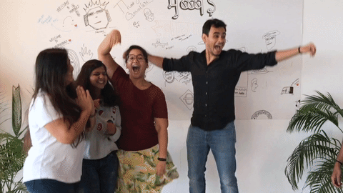 We're glad you're here! team jumping up and down happy